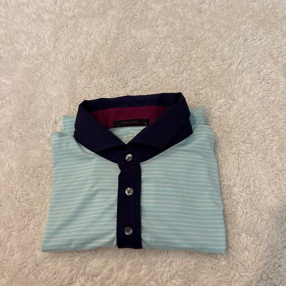 Greyson Mens Polo Blue Stripe Golf Stretch Performance Country Club Preppy Sz L